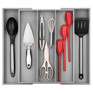 Premium Bamboo Silverware Organizer – Expandable Kitchen Drawer Organizer and Utensil Organizer, Perfect Size Cutlery Tray with Drawer Dividers for Kitchen Utensils and Flatware (3-5 Slots) (Grey)