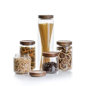 Kanwone Airtight Food Storage Containers with Bamboo lids set of 5, Stackable Food Storage Containers, Glass Canisters for Pantry, kitchen, Flour, Sugar, Tea, Coffee, Pasta, Cookies, Rice and Spice