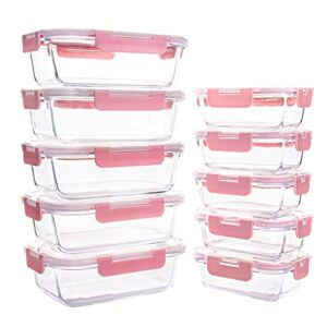 10 Pack Glass Food Storage Containers, Glass Meal Prep Containers with Lids Leak Proof, Microwave & Freezer Safe (34oz & 12oz)