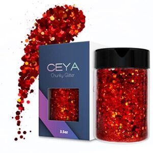 Ceya Holographic Chunky Glitter 3.5oz/ 100g Red Craft Glitter Powder Mixed Chunky Fine Flakes Iridescent Nail Sequins for Nail Art, Hair, Epoxy Resin, Tumblers, Slime, Painting, Festival Decor