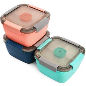 Youeon 3 Pack Salad Lunch Container To Go with 3 Compartment Tray, 52 Oz Bento Lunch Box with Spoon, Dressing Cup, Portable Salad Container for Lunch, Salad Toppings, Snacks, Fruit, Three Colors