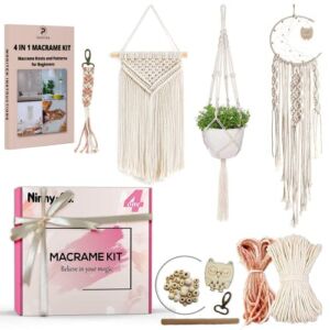 4 in 1 Macrame kit Adult Beginner: 1 Macrame Wall Hanging, 1 Macrame Plant Hanger, 1 Moon Dreamcatcher and 1 Macrame Keychain, Macrame Kits for Adults with Written Instructions and Video Tutorials