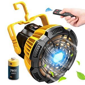 7800mAh Camping Fan LED Lantern, Ceiling Tent Fan Remote Control, Power Bank, Battery Operated USB Rechargeable Fan , 180°Head Rotation Outdoor Portable Fan Fishing, Outdoor, Office（Yellow）