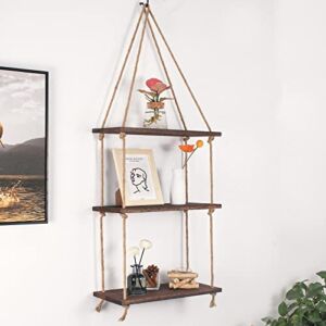 Iwaiting Outdoor Hanging Shelves for Wall, 3 Tier Antique Wood Floating Hanging Shelf with Handmade Twine Weaving Process, Suitable for Bedroom Living Room Bathroom Hanging Window Plant Shelves Decor