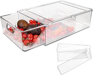 Refrigerator Organizer Bins with Pull-out Drawer, Large Stackable Fridge Drawer Organizer Set with Handle, BPA-free Drawable Clear Storage Cases for Freezer, Cabinet, Kitchen, Pantry Organization