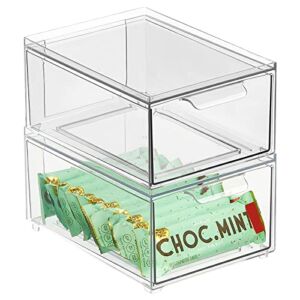 mDesign Stackable Storage Containers Box with Pull-Out Drawer – Stacking Plastic Drawers Bins for Kitchen Pantry and Cupboard, Cabinet, Counter, Island and Tables – Lumiere Collection – 2 Pack – Clear