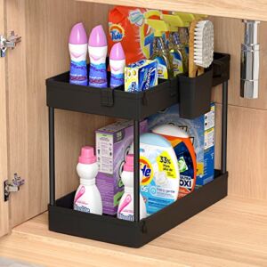 SOYO Under Sink Organizers and Storage, 2 Tier Bathroom Organizer Under Sink Shelf, Kitchen Organization Cabinet Storage Caddy Bath Counter Basket with Hooks Dividers Hanging Cups, Black