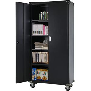INTERGREAT Black Metal Storage Cabinet with Wheels, 72” Rolling Steel Storage Cabinet with Locking Doors and 4 Adjustable Shelves, Utility Tool Storage Locker Cabinet for Home Office, Garage, Basement