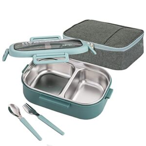 Lille Home 28oz Stainless Steel Leakproof 2-Compartment Bento Lunch Box/Portion Control Food Container with Lunch Bag and Cutlery Set, BPA Free (Green)