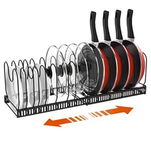 Housolution Pot and Pan Organizer Rack for Cabinet, 2 Pack Pot Lid Organizer Holder with 14 Adjustable Dividers, Expandable Cutting Board Cookware Organizer for Kitchen Pantry, Black