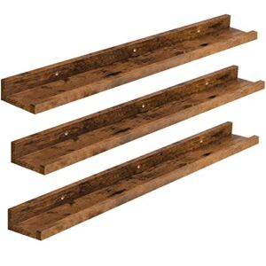 HOOBRO Floating Shelves, Wall Shelf Set of 3, 35.4 Inches Hanging Shelf with Raised Edge and Invisible Brackets, for Bathroom, Bedroom, Kitchen, Office, Living Room Decor, Rustic Brown BF90BJ01