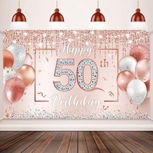 50th Birthday Backdrop Glitter Diamonds Balloons Lights Happy 50th Banner Rose Gold Pink Happy 50th Birthday Decorations for Women Anniversary Photo Booth Backdrop Cake Table Supply, 70.8 x 43.3 Inch