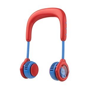 NARIc 2021 New Portable Neck Band Fan For Kids, Comportable & Light Hand Free Leafless For Sports Outdoor, Cute Character Design, Powerful Dual Wind Head with 4,800mAh Battery(Red)
