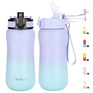 12 oz Insulated Kids Water Bottle with Straw/Chug/2 One-Click-Open Lids 10 Stickers Fruit Strainer Stainless Steel Water Bottles Double Wall Vacuum Wide Mouth BPA Free Sweat & Leak-Proof for School