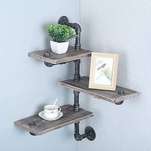 tonchean Rustic Corner Shelves 3 Tier Industrial Pipe Wall Shelving Industrial Wall Mounted Corner Shelves, Outdoor Shelves for Patio Wall Mounted Metal Pipe Shelves Bathroom Shelves Wall Mounted