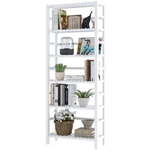 VIAGDO White Bookshelf, 6 Tiers Bamboo Adjustable Tall Bookcase Book Shelf, Free Standing Storage Shelves Organizer for Living Room, Bathroom, Study, Kitchen, Bedroom, Home Office Display
