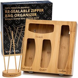Bamboo Ziplock bag Storage Organizer with Bonus Drying Stand. Ziploc Organizer Compatible with Slider Quart, Gallon, Sandwich and Snack Variety Size Bags. Baggies Organizer for Drawer has a Hinge and Lock Lid for Easy Refill