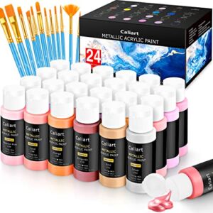 Caliart Metallic Acrylic Paint Set with 12 Brushes, 24 Colors (59ml, 2oz) Art Craft Paints for Artists Students Kids Beginners, Halloween Decorations Canvas Ceramic Wood Rock Painting Art Supplies Kit