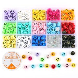 SUCOJRFF 300 Pcs Mixed Smiley Face Beads Kit with Crystal String, 15Colors Smiley Heishi Preppy Flat Round Beads for Bracelet Making, Cute Happy Face Beads for Jewelry Making Supplies