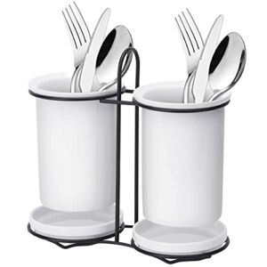 Kitchen Utensil Holder, Ceramic Utensils Crock for Countertop, Cooking Utensil Crock with Drain Holes and Metal Rack , Utensil Organizer for Countertop, Easy to Clean for Party, Home, Counter-White