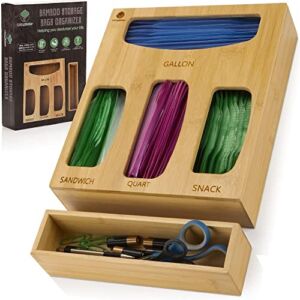 LivingBetter Bamboo Ziplock Bag Organizer for Drawer – Storage Bag Organizer – Baggie Organizer for Drawer – Compatible with Gallon, Quart, Snack, Sandwich Bag – BONUS Bamboo Organizer Included