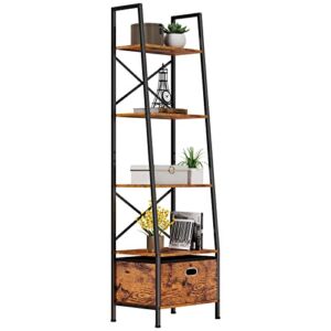 Furnulem 5 Tier Bookshelf and Bookcase 71” Tall with Storage Drawer, Iron Industrial Ladder Shelf for Balcony Living Room,Bedroom,Home Office,Entryway ,Metal Sturdy Frame