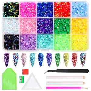 4500pcs Flatback Rhinestones, ZYNERY 15 Mixed Color Flat Back Gems Round Shape Crystals Rhinestones for Crafts Nail Face Art Shoes Diamond Painting with Storage Box/Tweezers/Drill Pen (5mm)