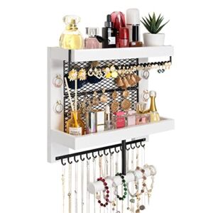Pinzoveco Hanging Jewelry Organizer Wall Mounted, Vintage Style Double-layer Necklace Holder Organizer Display For Necklaces Bracelet Earrings Ring (White)