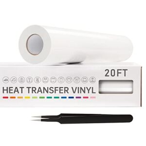 VinylRus Heat Transfer Vinyl-12” x 20ft White Iron on Vinyl Roll for Shirts, HTV Vinyl for Silhouette Cameo, Cricut, Easy to Cut & Weed