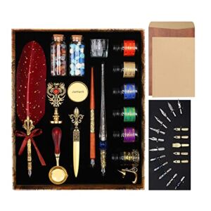 Junhartt Quill Feather Pen and Ink Set, Calligraphy Pen Glass Dip Pen and Wax Seal Stamp Kit (Red)