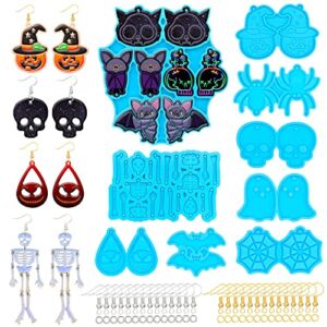 12 Pairs Halloween Earring Resin Molds Dangle Earring Skull Bat Spider Web Ghost Shape Silicone Casting Molds with 120 Pcs Earring Hook, 120 Pcs Open Jump Ring for Earring Pendant DIY Craft Making