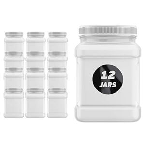 Plastic Jars 32 Fluid Ounce Square Pinch Handle (12 Pack) Clear PET Plastic Containers With White Ribbed Lids
