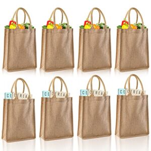 DEAYOU 8 Pack Jute Burlap Tote Bags, Burlap Gift Totes with Handles, Jute Beach Bags Reusable Lined Grocery Totes for Bridesmaid, DIY, Shopping, Pool, Wedding Welcome Bag, 9.8”x11.8”x3.9”, Natural