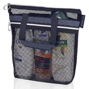 Mesh Shower Caddy 10.2×9.9” Quick Dry Shower Bag with Zipper & 2 Pockets. Portable Shower Tote, Ideal for Gym, Travel, Camp, Beach, for Sunscreen, or as part of College Essentials (Black)