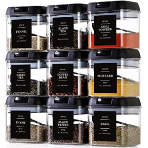 Spice Containers with Labels – 9 Pcs Large Plastic Tea Storage Containers with 148 Spice Labels and 9 Spoons – Square Airtight Spice Containers Set with black Lids for Kitchen Pantry Herbs,Coffee,Seasoning Organization