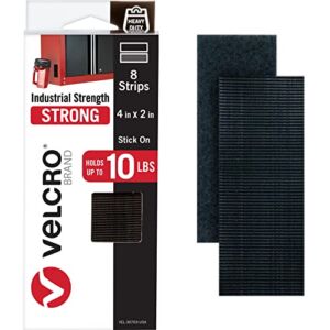 VELCRO Brand Heavy Duty Fasteners | 4×2 Inch Strips with Adhesive 8 Sets | Holds 10 lbs | Black Industrial Strength Stick On Tape | Indoor or Outdoor Use (VEL-30703-USA)