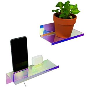 BRBR Store Floating Multi-Use Acrylic Wall Shelf Set | Pack of 2 9In x 3In Iridescent Mounted Shelves with Ledge and Hole for Photo Display, Phone Charging, More, Two