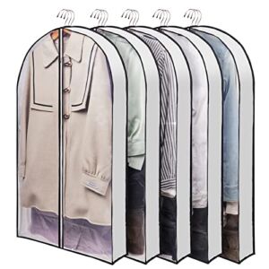40″ Garment Bags for Travel, Suits Bag with 4″ Gusset for Hanging Clothes Closet Organizer Storage Protector Cover Clear Moth Dust Proof Breathable for Sweater Coat Jacket Shirts 5 Packs-White