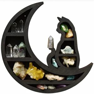 Neegaurd Cat on The Moon Crystal Wood Shelf, Wooden Crystal Display Shelf, Moon Shelf Black Cat Design Floating Moon Phases Shelf Gothic Witchy Room Decoration (Moon Cat)