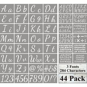 Large Letter Stencils for Painting on Wood – 44 Pack Alphabet Letter Number Stencil Templates with Signs, Reusable Plastic Stencils in 3 Fonts and 284 Designs for Chalkboard Fabric Wood Signs