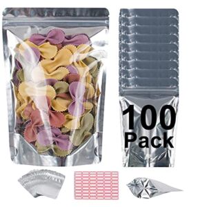 BELLE KR® Mylar Bags for Food Storage with 7.5mil Thickness – Pack Of 100 (5″x8″) Self-Stand-up Smell Proof Mylar Ziplock Bags with Label Stickers -Resealable Bags for Packaging