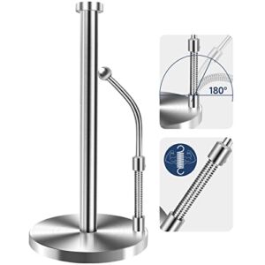 Paper Towel Holder Countertop,Longer Spring Arm Stainless Steel Kitchen Paper Towel Holder Stand,Easy Tearing Paper Towel Dispenser with Weighted Base,Adjustable Spring Arm Fit Most Size Paper Roll,V1