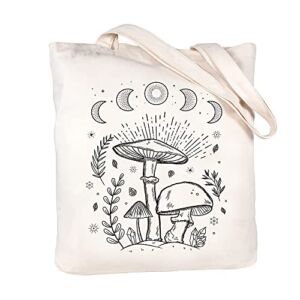 Canvas Tote Bag for Women Aesthetic Cute Mushroom Tote Bag Vintage Reusable Grocery Bags Book Tote Shopping Bag-Zipper