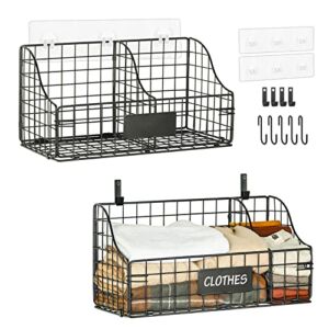 2 Set Closet Organizer Hanging Basket With 2 Dividers&Nameplates For Underwear Sock Metal Wall-Mounted Decor Angled Wire Storage Bin Foldable No Drilling Shelf Baskets 5 S Hooks For Cabinet Bedroom