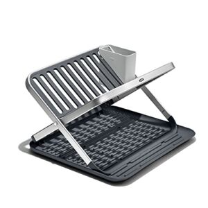 OXO Good Grips Aluminum Fold Flat Dish Drying Rack, 2-Tier, with Drainboard, for Kitchen Counter, Collapsible