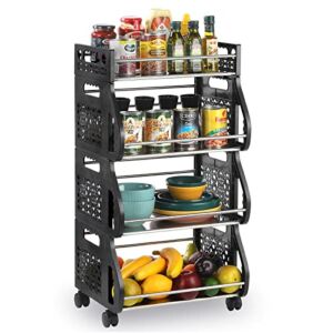 4 Tier Stackable Storage Baskets, Fruit Vegetable Organizer Bins with Wheels, Utility Rack for Kitchen, Pantry, Bathroom