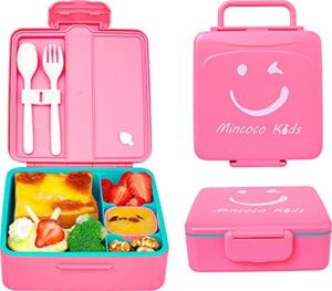 MINCOCO Kids Bento Lunch Box – Lunch Container with Sauce Jar, Spoon&Fork 4-Compartment, On-the-Go Meal and Snack Packing – Leak Proof, Durable, Microwave Safe (Watermelon Pink)