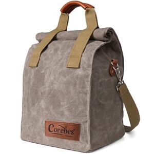 Corebes Waxed Canvas Lunch Bag for Men / Women, 11L Reusable Insulated Lunch Tote Bag with Adjustable Shoulder Strap & Double Hook-and-Loop Handles