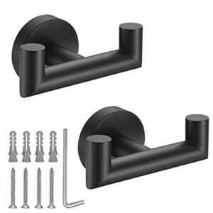 Towel Hooks for Bathrooms,Matte Black Towel Hook for Kitchen Bathroom,SUS304 Stainless Steel Coat Hook,Heavy Duty Double Towels Holder Hooks for Hanging Towels,Coats,sponges,Clothes,Wall Mount,2 Pack