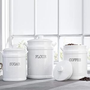 MosJos White Canisters Set of 3– Premium Canister Sets for Kitchen Counter – Canisters Sets for the Kitchen for Flour, Sugar, Coffee – Ceramic Canisters with Handles and Rubber Gasquet Lids